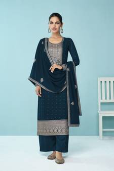 Teal BlueHeavy Designer Embroidery WorkFaux GeorgetteunstitchedLong Length Kameez  Plazzo cotton salwar suit