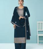 Teal BlueHeavy Designer Embroidery WorkFaux GeorgetteunstitchedLong Length Kameez  Plazzo cotton salwar suit