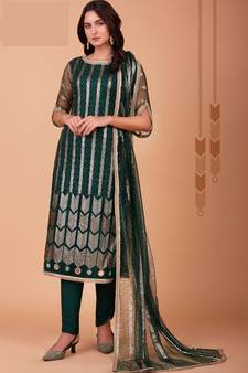 GreenTone To Tone Thread,Sequance,Mirror Embroidery WorkButterfly NetunstitchedLong Length KameezPantcotton salwar suit