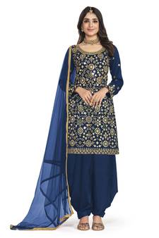 BlueHeavy Designer Mirror Embroidery WorkArt SilkunstitchedLong Length KameezPantcotton salwar suit