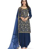 BlueHeavy Designer Mirror Embroidery WorkArt SilkunstitchedLong Length KameezPantcotton salwar suit