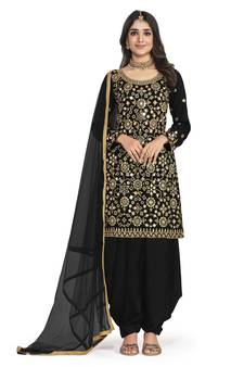 BlackHeavy Designer Mirror Embroidery WorkArt SilkunstitchedLong Length KameezPantcotton salwar suit