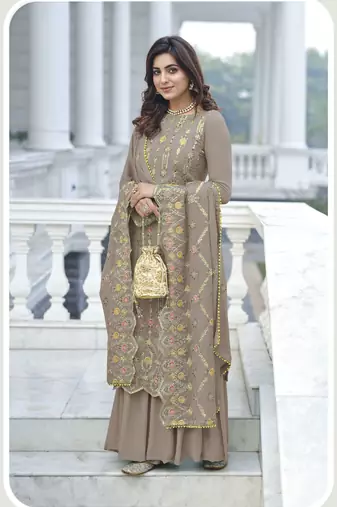 Beige Designer Multy Thread Embroidery WorkFaux GeorgetteunstitchedLong Length KameezPantcotton salwar suit