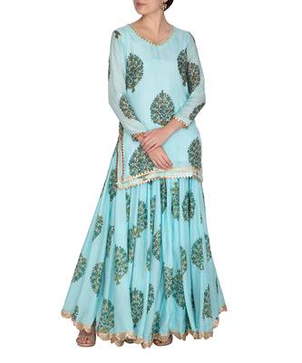 Blue Hand Block Printed Kurta Lehenga Set 1