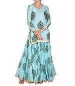 Blue Hand Block Printed Kurta Lehenga Set