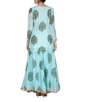 Blue Hand Block Printed Kurta Lehenga Set 2