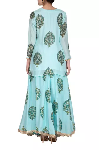 Blue Hand Block Printed Kurta Lehenga Set