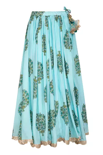 Blue Hand Block Printed Kurta Lehenga Set