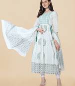 White Turquoise Block Printed Cotton Kurta With Dupatta Set