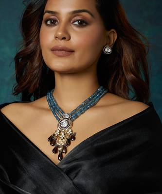 Blue And Smoky Antique Gold Necklace Set 1