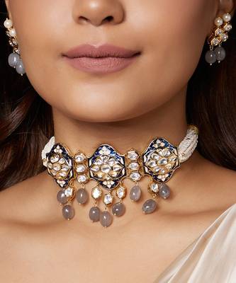 Royal Blue With Pearl Polki Necklace Set 2