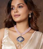 Pink Beaded Necklace Set With Royal Blue Enamalling