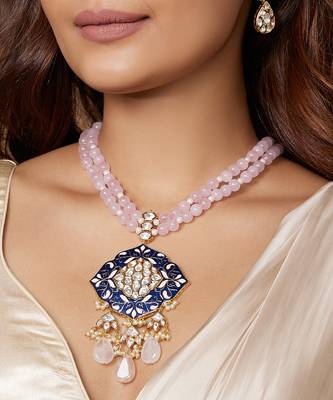 Pink Beaded Necklace Set With Royal Blue Enamalling 2