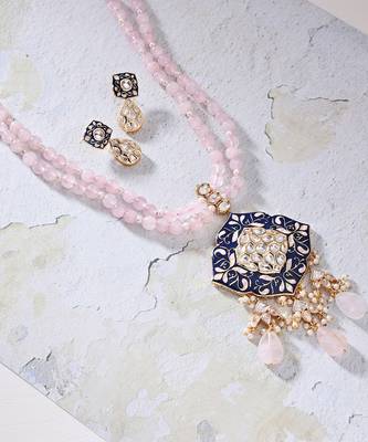 Pink Beaded Necklace Set With Royal Blue Enamalling 3