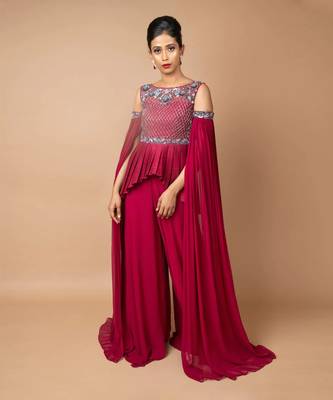 Burgundy Peplum And Flared Pallazo Pants Set 1
