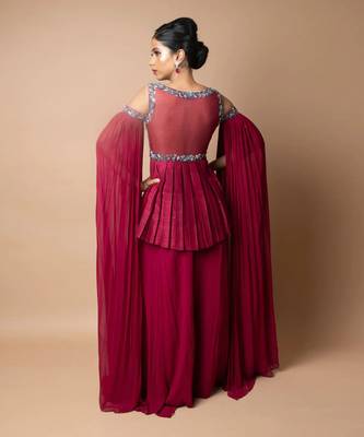 Burgundy Peplum And Flared Pallazo Pants Set 2