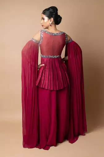 Burgundy Peplum And Flared Pallazo Pants Set