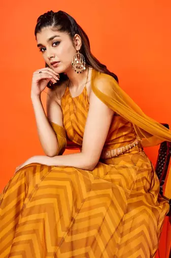Mustard Yellow Chevron Lehenga Set