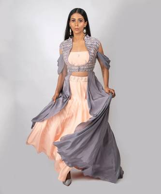 Peach Crepe Silk Skirt With Steel Grey Embroidered Cape Jacket Set 1