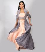 Peach Crepe Silk Skirt With Steel Grey Embroidered Cape Jacket Set