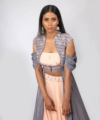 Peach Crepe Silk Skirt With Steel Grey Embroidered Cape Jacket Set 2