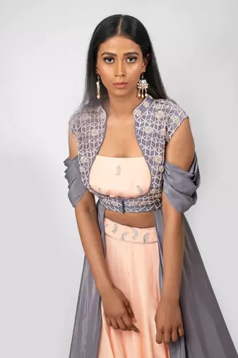 Peach Crepe Silk Skirt With Steel Grey Embroidered Cape Jacket Set