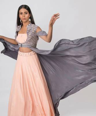 Peach Crepe Silk Skirt With Steel Grey Embroidered Cape Jacket Set 3