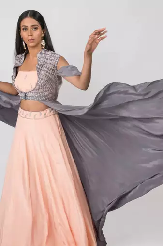 Peach Crepe Silk Skirt With Steel Grey Embroidered Cape Jacket Set