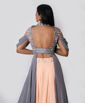 Peach Crepe Silk Skirt With Steel Grey Embroidered Cape Jacket Set 4