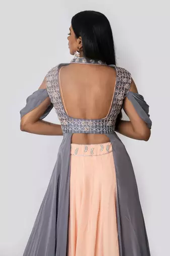 Peach Crepe Silk Skirt With Steel Grey Embroidered Cape Jacket Set