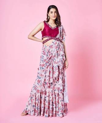 Beige Pre-draped Floral Solid Skirt Saree 1
