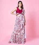 Beige Pre-draped Floral Solid Skirt Saree