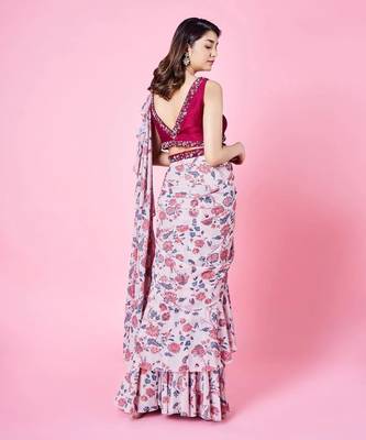 Beige Pre-draped Floral Solid Skirt Saree 2