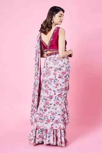 Beige Pre-draped Floral Solid Skirt Saree