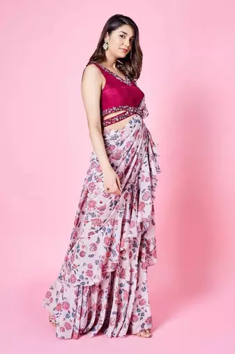 Beige Pre-draped Floral Solid Skirt Saree