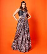 Black Pre-draped Floral Solid Skirt Saree