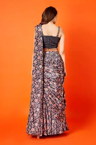 Black Pre-draped Floral Solid Skirt Saree