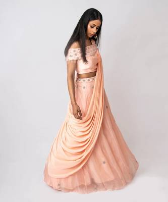 Peach Organza Lehenga Set With Attached Dupatta 1