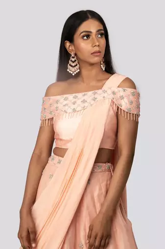 Peach Organza Lehenga Set With Attached Dupatta
