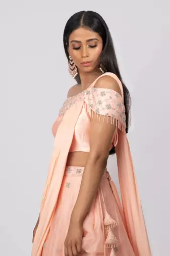 Peach Organza Lehenga Set With Attached Dupatta