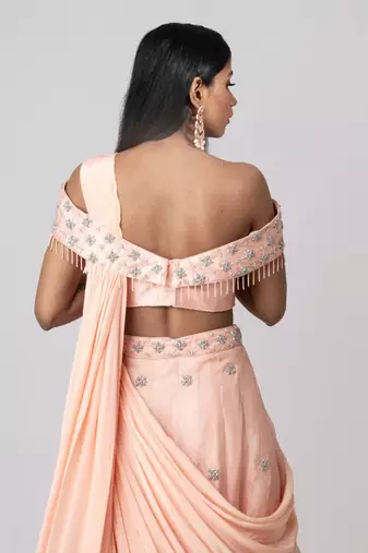 Peach Organza Lehenga Set With Attached Dupatta