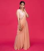 Peach Pre-draped Floral Solid Skirt Saree