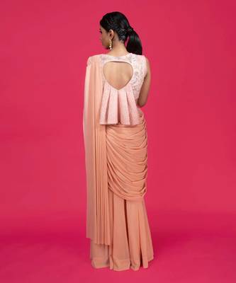 Peach Pre-draped Floral Solid Skirt Saree 2