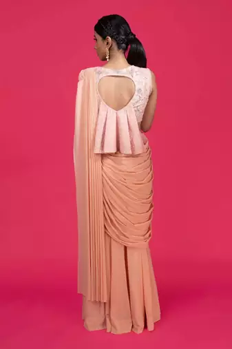 Peach Pre-draped Floral Solid Skirt Saree