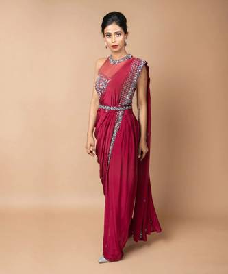 Burgundy Pre-Draped Dhoti Saree With Belt 1