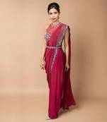Burgundy Pre-Draped Dhoti Saree With Belt