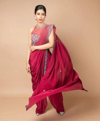 Burgundy Pre-Draped Dhoti Saree With Belt 2
