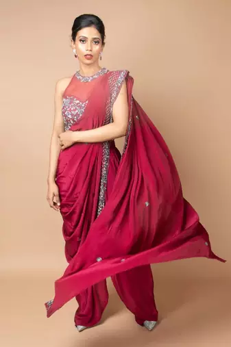 Burgundy Pre-Draped Dhoti Saree With Belt