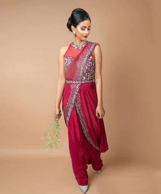 Burgundy Pre-Draped Dhoti Saree With Belt 3
