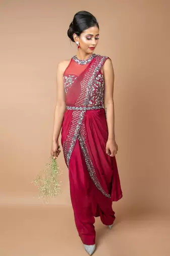 Burgundy Pre-Draped Dhoti Saree With Belt